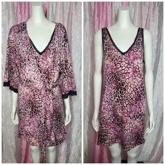 Joyspun Colorful Leopard Print Soft Chemise Nightgown & Robe Set Size Medium - Picture 1 of 8